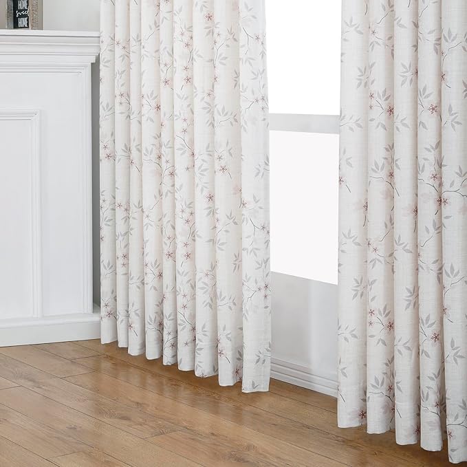Pink Floral Pinch Pleated Linen Curtains - 2 Panels of Privacy Light-Filtering Printed Curtains Suitable for Dining Rooms and Farmhouses.52 Inches Wide by 102 Inches Long