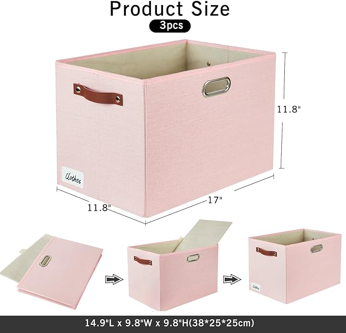 3-Pack Foldable Fabric Storage Bins with Durable PU & Metal Handles, Collapsible Storage Baskets for Shelves, Home Storage, Closet Organizers, Living Room(17"x11.8"x11.8", Pink)