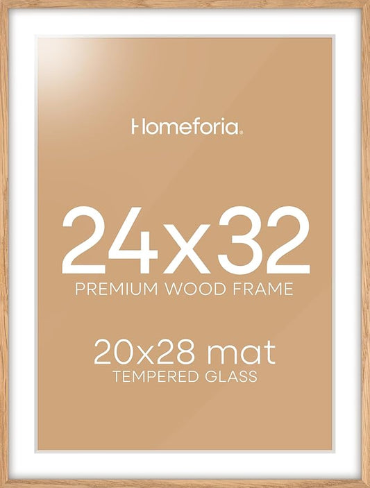 Homeforia 32x24 Poster Frame Wood, High End Natural Oak 24x32 Large Picture Frame with Mat 20x28, 24 x 32 Light Wooden Frame Matted to 20 by 28 Photo, 24by32 Frames, Tempered Glass, Wall Kit, Set of 1