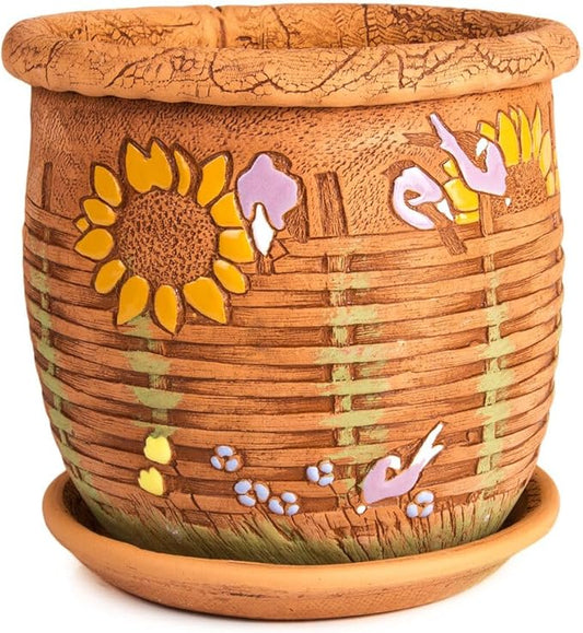 Ceramic Pot with Drainage Hole and Saucer, Plant Pots, Modern Decorative Planters for House Plants Indoor Flowers Plants, Cute Flower Pot - Gifts (Wicker (1.6 L))
