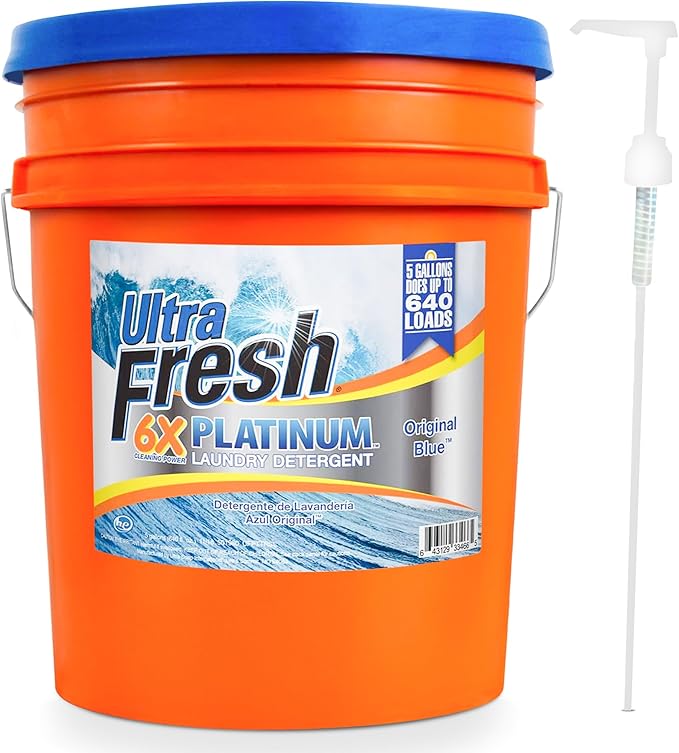 Ultra Fresh 5 Gallon Liquid Laundry Detergent Washing Soap for All Machine Types, 6X Platinum, Up to 640 Loads, Original Blue