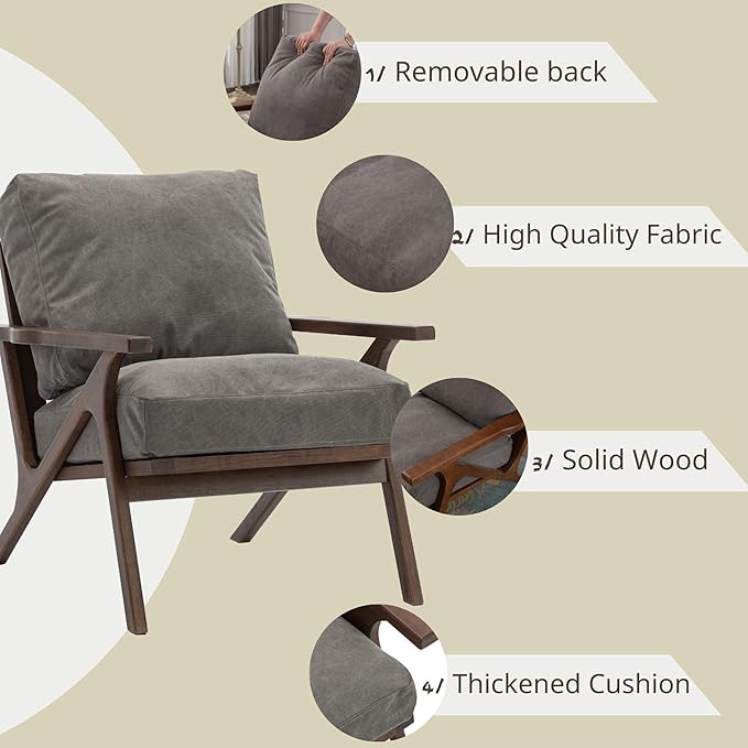 Wahson Mid Century Chair, Upholstered Accent Armchair, with Wood Frame and Canvas Cushions, Leisure Slipper Chair for Living Room/Bedroom, Grey