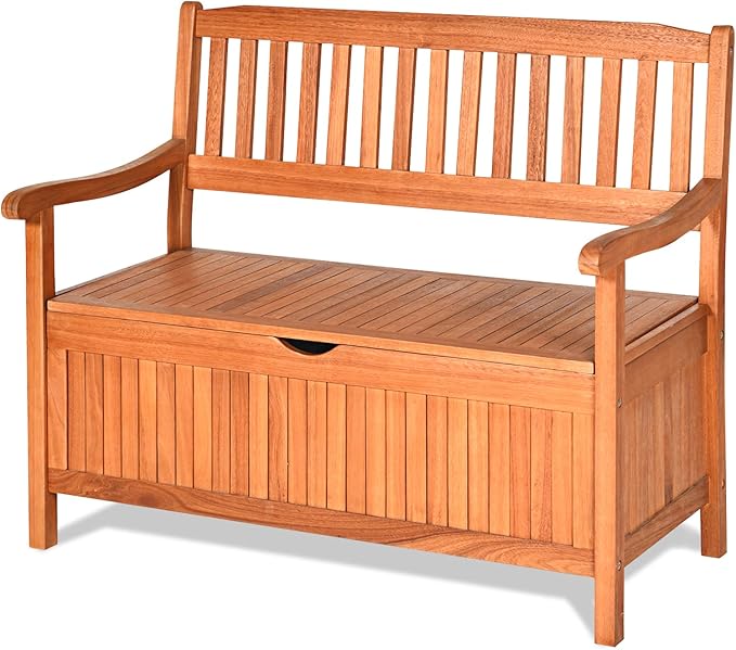 Tangkula Outdoor Wood Storage Bench Deck Box, Entryway Porch Storage Bench with Inner Removable Dust-Proof Lining & Portable Handles, Eucalyptus Wood Loveseat for Garden, Lawn, Balcony & Yard