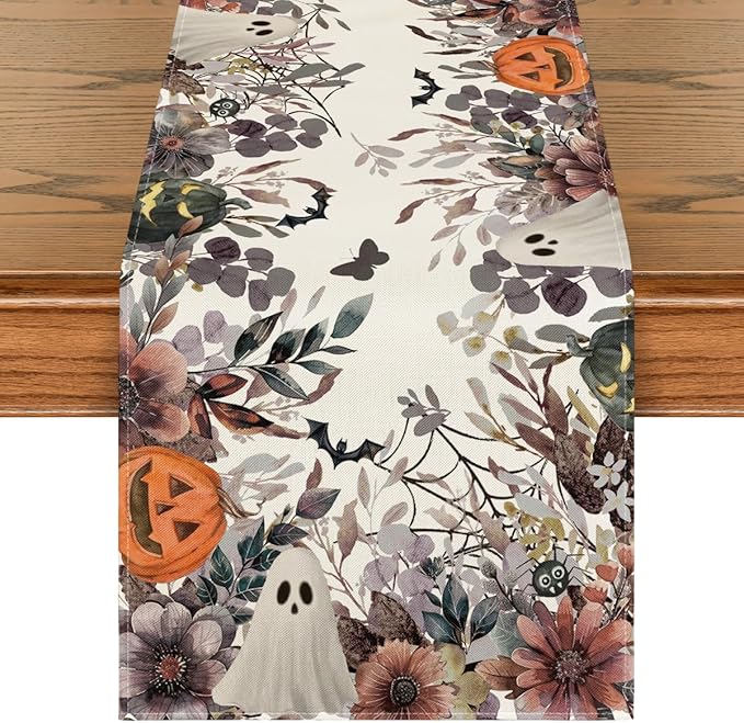 Artoid Mode Jack-O'-Lantern Pumpkin Floral Ghost Halloween Table Runner, Eucalyptus Kitchen Dining Table Decoration for Home Party Decor 13x108 Inch