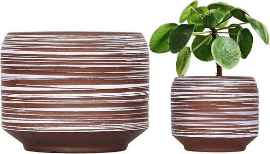 8 Inch + 6 Inch Ceramic Plant Pots Indoor with Drainage – Flower Pot Set, Decorative Indoor Planters for House Plants and Garden Use