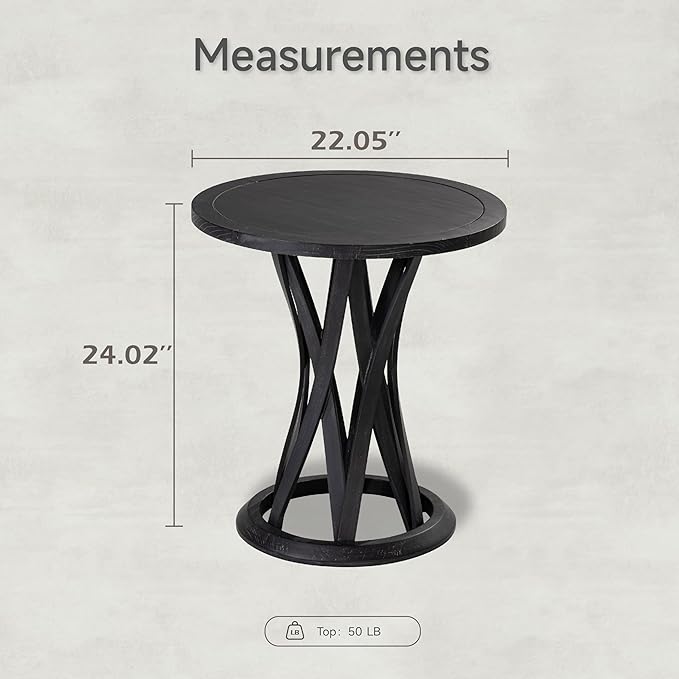 Round Farmhouse End Table with Crisscross Pedestal Base, Distressed Finish Side Table Rustic Accent Table for Living Room, Pine Wood, Black