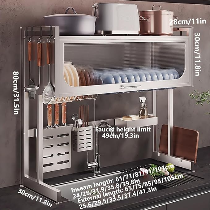 Home Furnishing Dish Rack Over Sink Stainless Steel Over The Sink Dish Drainer Drying Rack Space Kitchen Sink Rack Multifunctional countertop Dish Storage Rack Sink(Metallic,65cm/25.6in)