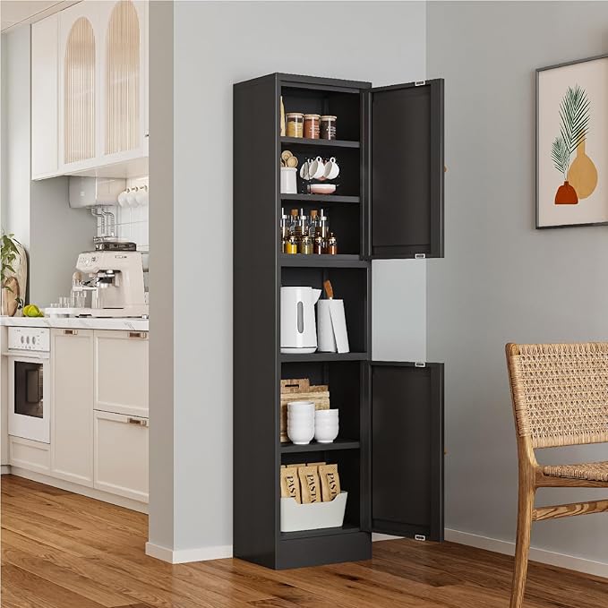 67" Tall Bathroom Storage Cabinet, Narrow Metal Floor Cabinet with 2 Doors and Adjustable Shelves, Freestanding Metal Locker for Laundry, Kitchen, Dining Room