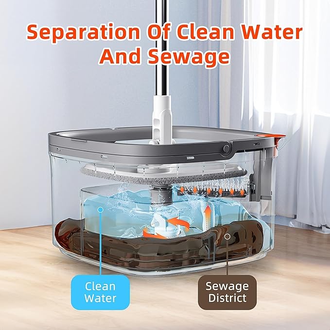 KZKR Spin Mop and Bucket Set with Self Separation Dirty and Clean Water System, Self Wringing 360° Rotating Square Mop Head for Home Floors Cleaning (1.0 Mop and Bucket Set (14 Pads))