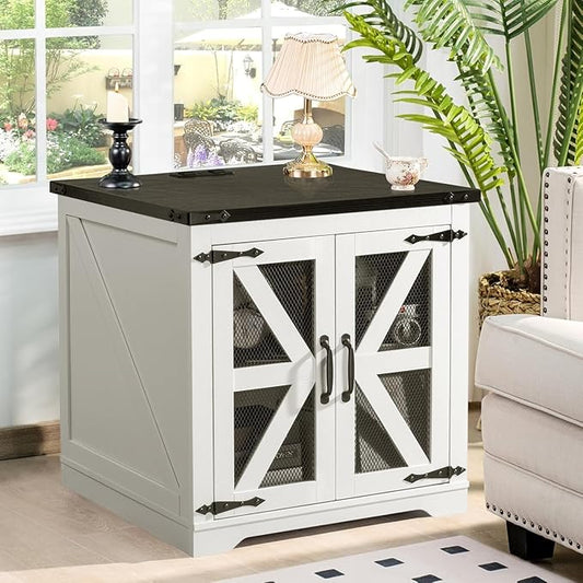 Farmhouse End Table, 24" Large Sofa Side Table with Charging Station, Mesh Barn Door, White Nightstand with Adjustable Storage Shelf, Square Nightstand for Living Room, Bedroom, Office