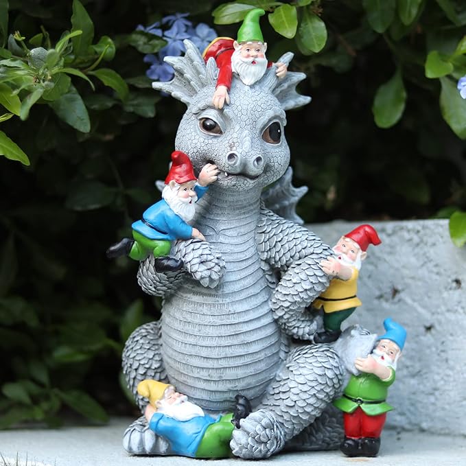 Dragon Gnome Statues Outdoor Decor, 13” Dinosaur Play with Gnomes Garden Statue, Outdoor Statue for All Season Lawn Decor, Garden Decoration, Gardening Gift