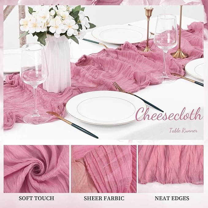20 Pack Dusty Rose 10FT Cheesecloth Table Runner 20 x 120 Inch Long Rustic Gauze Fabric Cheese Cloth Table Runner for Wedding Bridal Baby Shower Table Decorations Boho Sheer Birthday Party Table Decor