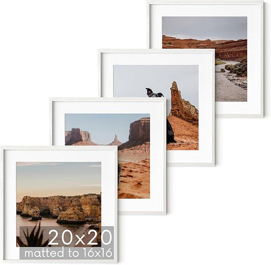 HAUS AND HUES Solid Oak Wood 20”x20” Picture Frames Matted to 16”x16” Set of 4 - White Picture Frames 20x20, 20x20 Square Frames, White Wood Picture Frames with Mat, Square Frames 20 x 20