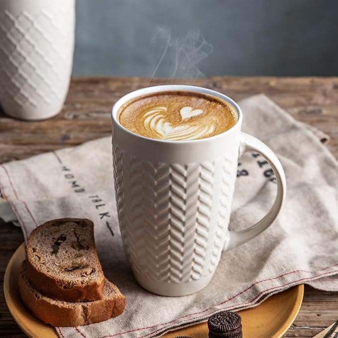 AmorArc Large Coffee Mugs Set of 6, 20oz Ceramic Tall Coffee Mugs Set with Textured Geometric Patterns for Coffee/Tea/Beer/Hot Cocoa, Dishwasher & Microwave Safe, Beige&Burgundy