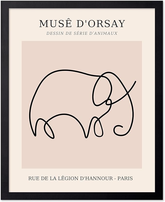 Poster Master Vintage Poster - Retro One Line Elephant Drawing Print - Elephant Art - Minimal Gift for Men, Women, Animal Lover - Abstract Wall Decor for Home, Office, 16x20 Black Framed