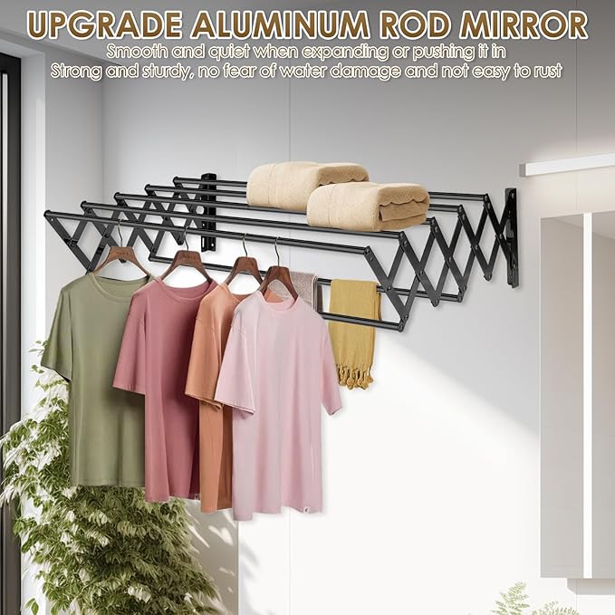 XL-31.5'' Wall Mounted Clothes Drying Rack, 130 lbs Large Capacity Rustproof Retractable Collapsible Drying Rack Easy Install with 7 Drying Rods, Space Saving Towel Clothes Rack for Laundry-Black