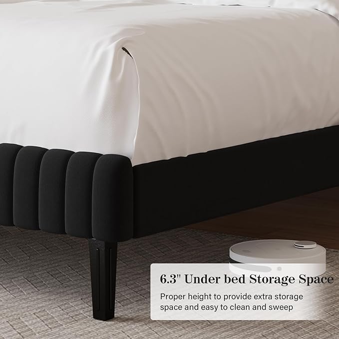 Queen Bed Frame, Velvet Upholstered Platform Bed with Vertical Channel Tufted Headboard, No Box Spring Required, Easy Assembly, Black
