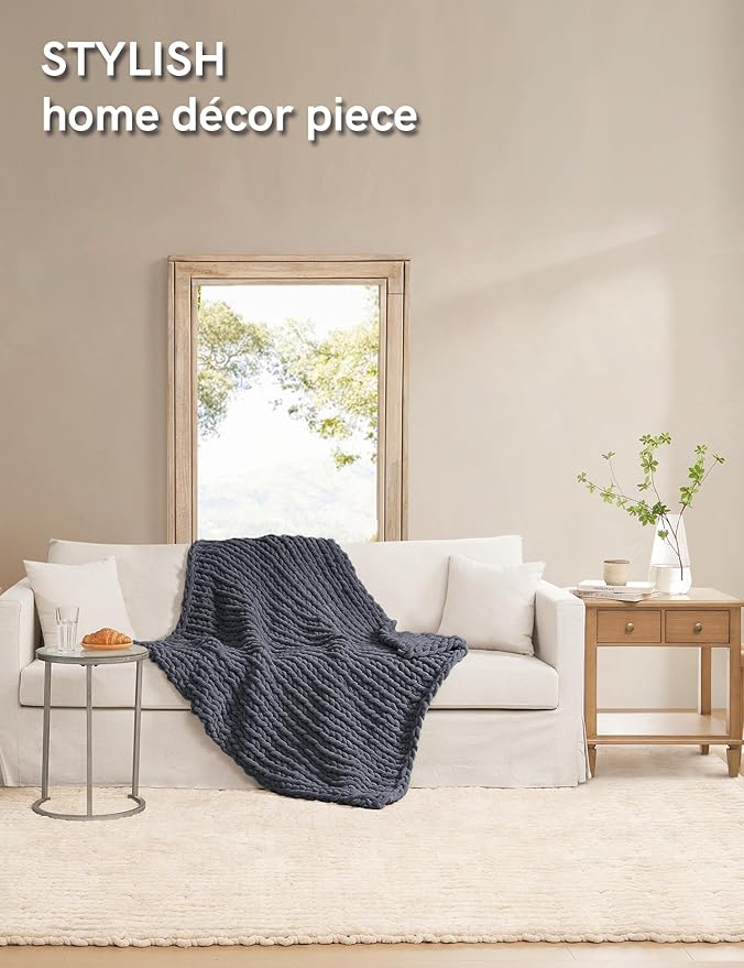 YnM Chunky Throw Blanket, Medium-Weight, Hand Knitted with Chenille Yarn, Skin Friendly, Ventilated and Breathable, Machine Washable, Home Décor Piece for Couch, Sofa and Bed (Lava Grey, 60x80 Inch)
