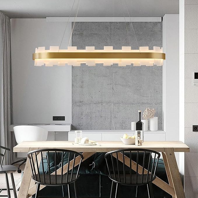 37.4" Natural Spanish Alabaster Rectangle Chandelier, Adjustable Luxury Ceiling Light for Dining Room Over Table, Kitchen Island, Modern Marble Chandeliers for Bedroom, Foyer, Entryway