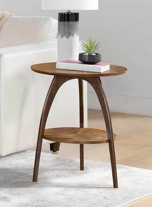 Martin Svensson Home LAX Two-Tone 20-Inch Caramel Brown Round Wood End Side Table with Walnut Legs and Shelf Storage