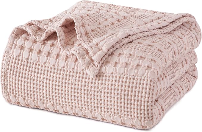 PHF 100% Cotton Waffle Weave Blanket King Size, Soft Lightweight Breathable Cozy Summer Blankets for Bed, Luxury Aesthetic Woven Bedding for Home Decor, 108"x90", Pink/Mauve