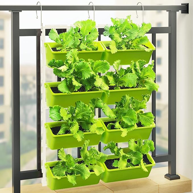 8 Pockets Vertical Planters,Wall Mounted Plastic Plant Grow Pots,Wall Pocket Planters for Indoor,Outdoor,Balcony,Garden Decoration,Light Green