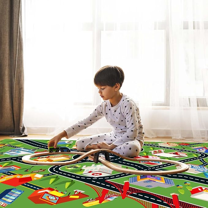 Kids Rug Car Rugs for Kids Toy Cars Play Mat with Rubber Backing City Life Road Rug for Cars Fun City Map for Carpet for Bedroom Boys (RED-Rug, 6.6x9.8ft)