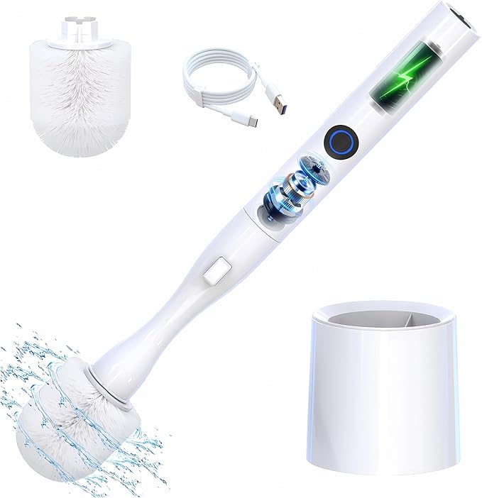 Electric Toilet Brush, HKFIF Toilet Brush with Holder, 360 Degree Powerful Cleaning Easily Eliminate Stains and Residue, 2 Speeds Rechargeable Motorized Toilet Scrubber