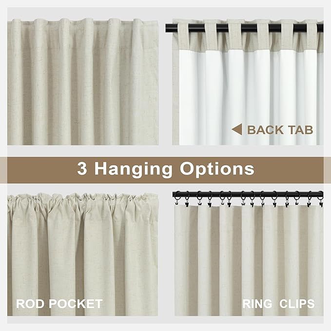 Short Linen Blackout Curtains for Bedroom 45 Inches Length 2 Panels Set Cafe Kitchen Bathroom Curtains for 42 Inch Small Window Light Blocking Thermal Insulated Drapes for Laundry Room Back Tab Beige