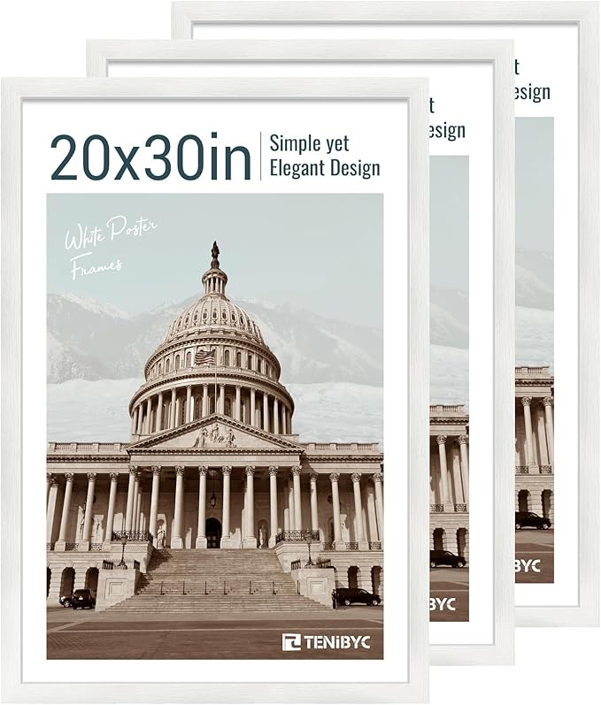 20x30 Poster Frame Set - 3 Pack, Textured White Solid Wood Picture Frame, Wall Gallery Frame - Wall Hanging