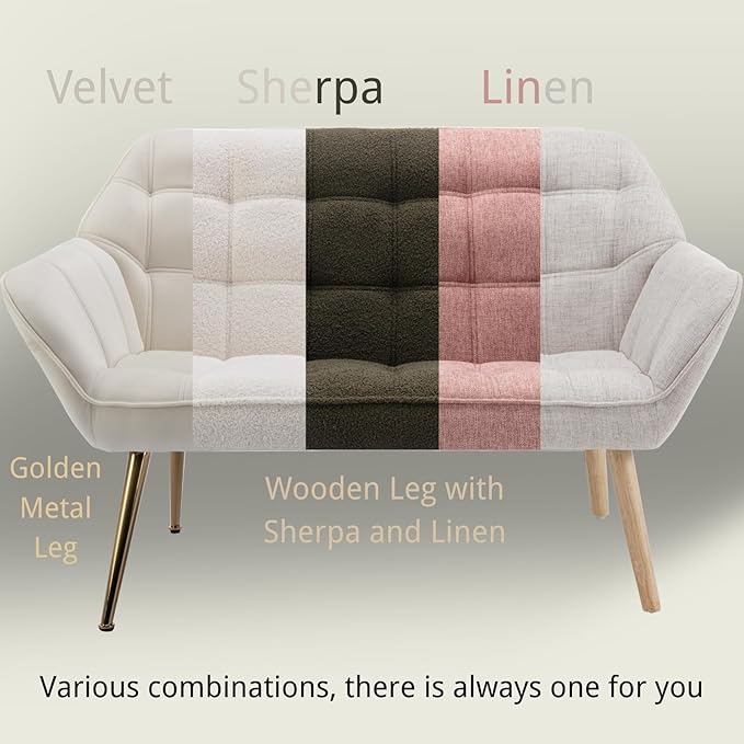 48”Small Loveseat Sofa, Modern Linen Upholstered Mini Couch 2-Seater Fluffy Love Seat with Quilting Backs and Wood Legs for Small Space Living Room, Bedroom, Pink