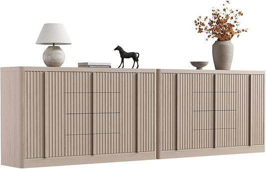 Buffet Cabinet with Storage, 120"Fluted Coffee Bar with 8 Drawers & 4 Doors, Modern Sideboard Buffet with Solid Wood Handle, Credenza Storage Cabinet for Kitchen Living Dining Room, Natural Oak(2PCS)