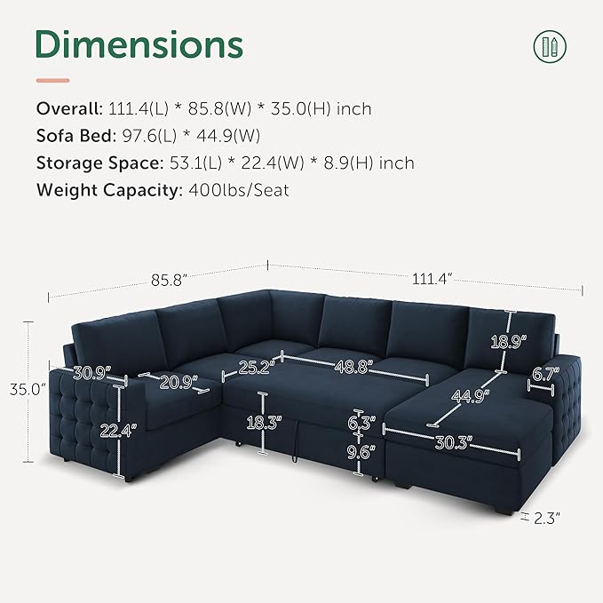 HONBAY Sectional Sleeper Sofa with Pull Out Bed U-Shape Sectional Couch Sleeper Bed with Storage Chaise Lounge Living Room 6 Seater Sectional Sofa Bed,Velvet Dark Blue