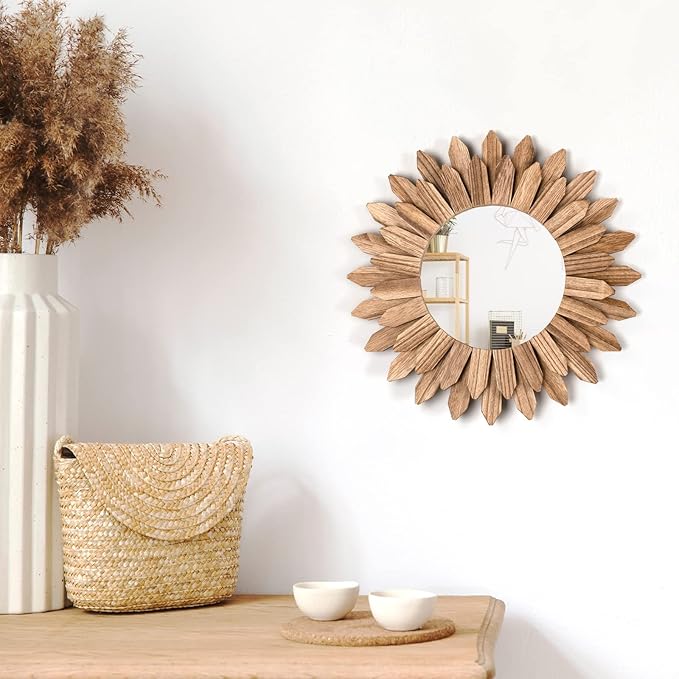 Honiway Boho Wall Decor Mirror 2 Pack Rustic Wood Mirror 12 inch Boho Mirror Home Decor Farmhouse Room Decorations for Bedroom Living Room Carbonized Black