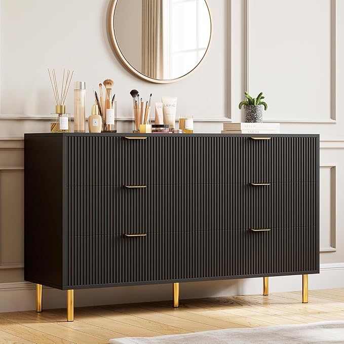 GAOMON 6 Drawer Dresser, Wood Chest of Drawers Organizer Storage with Gold Handle, Large Storage Cabinet, Modern Design Dresser for Bedroom, Living Room, Closet, Hallway, Entryway, Black