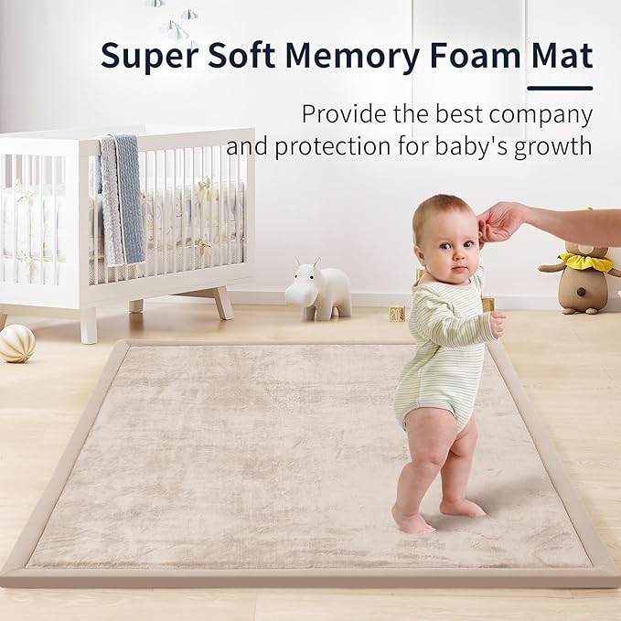 ACOMOPACK Baby Play Mat for Floor 1.3" Thick Memory Foam Play Mat 39"×59" Tummy Time Crawling with Non-Slip Bottom for Living Room,Nursery,Soft Velvet Playpen Mats for Kids,Infants（Beige）