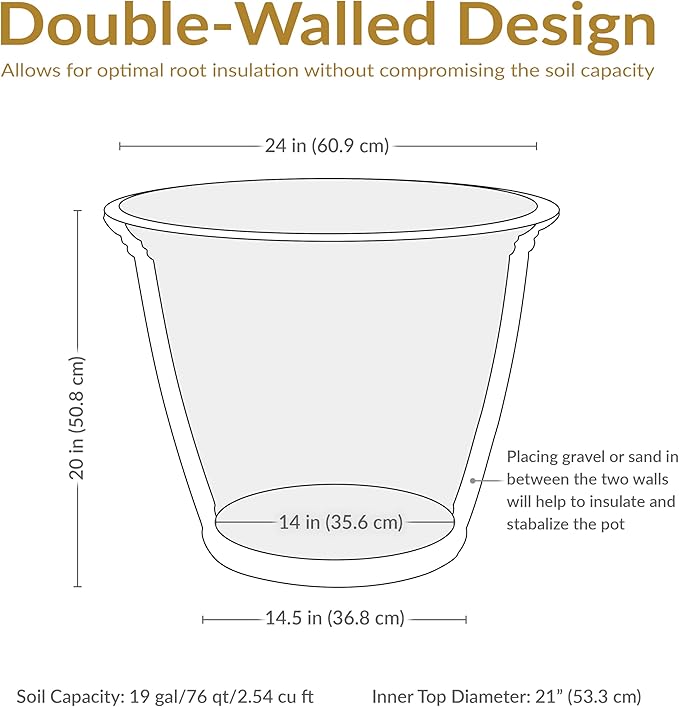 Sunnydaze 24-Inch Anjelica Large Plastic Pot for Plants - Outdoor Polyresin Round Planter with Drillable Drainage Holes - Sable - 2pk