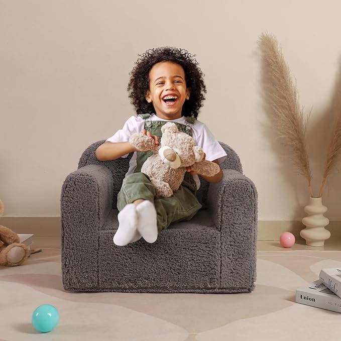 Kids Snuggly-Soft Sherpa Chair, Cuddly Toddler Foam Chair for Boys and Girls, Grey