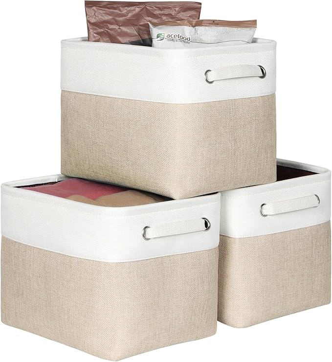 Kntiwiwo Foldable Storage Bin Collapsible Basket 12" x 10" x 9.5" Cube Storage Organizer Bins with Dual Carry Handles for Home Closet Shelves Drawers Organizer, Set of 3, Beige