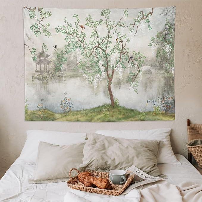 HZOHNAGO Japanese Tapestry Tree Misty Garden Lake Printed Wall Tapestry Ink Painting Wall Hanging for Bedroom Living Room Dorm 80" W x 60" H