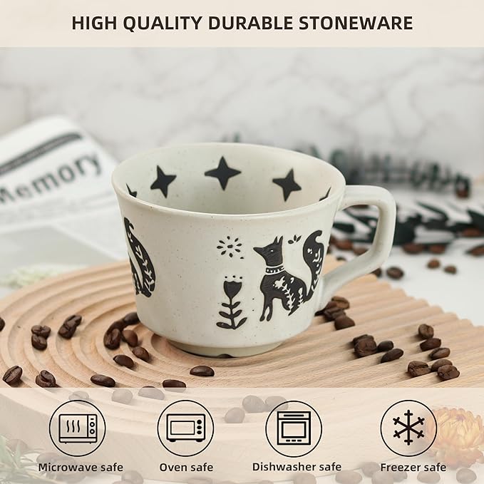 Ceramic Coffee Mug, 12 oz Novelty Unique Teacup with Large Handle, Stoneware Cup for Tea Mocha Latte Cappuccino Espresso (Set of 2, Fox and Bear)