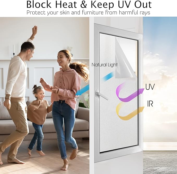 HIDBEA Frosted Window Privacy Film Heat Control UV Blocking, Static Cling Non-Adhesive Reusable Door coverings for Bathroom Home Office (Frosted 45.2 Inch x 19.6 Feet)