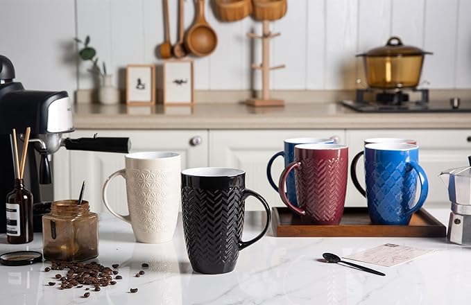 AmorArc Extra Large Coffee Mugs Set of 6, 20oz Ceramic Tall Coffee Mugs Set with Textured Geometric Patterns for Coffee/Tea/Beer/Hot Cocoa, Dishwasher & Microwave Safe,Beige