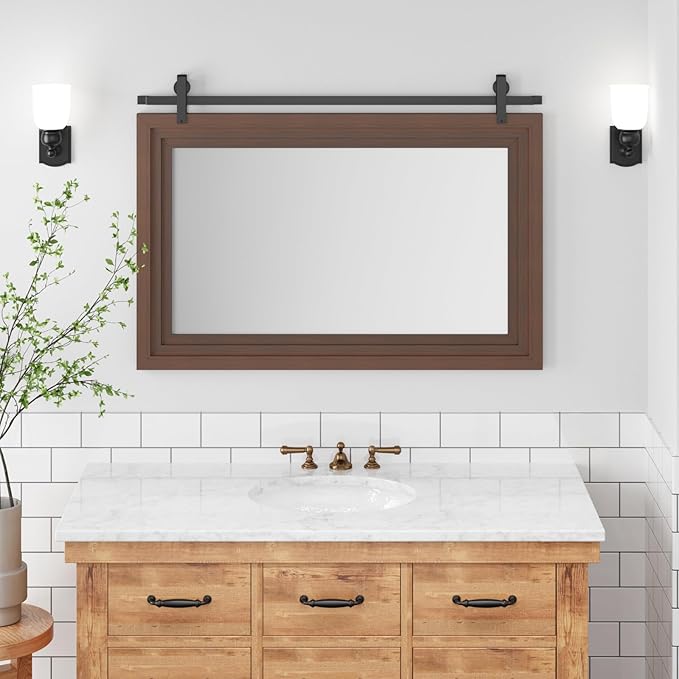 ALBAD Farmhouse Wood Framed Wall Mirror, Natural Wood and Framed Wall Mounted Bathroom Vanity Mirror for Farmhouse Decor, Vertical or Horizontal Hanging