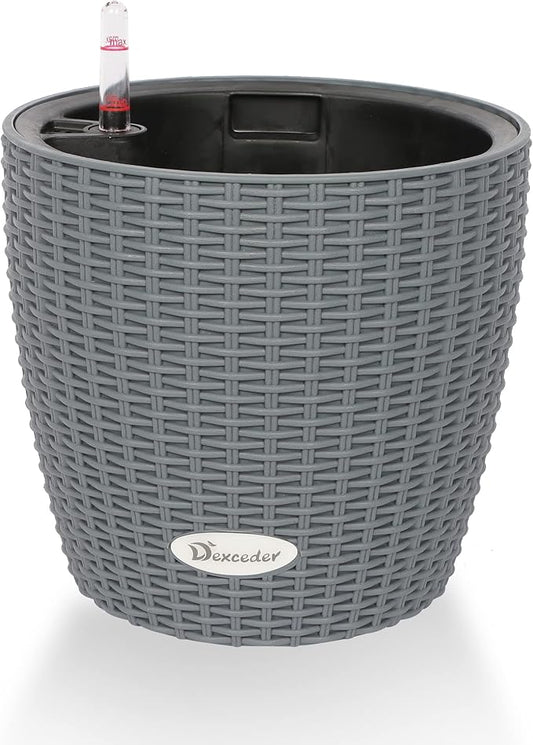 Dexceder 9x8 Inches Rattan Self Watering Planter Indoor Outdoor, Inner Pot Design, Thickened Table Flower Plant Pot with Water Level Indicator (Deep Gray)
