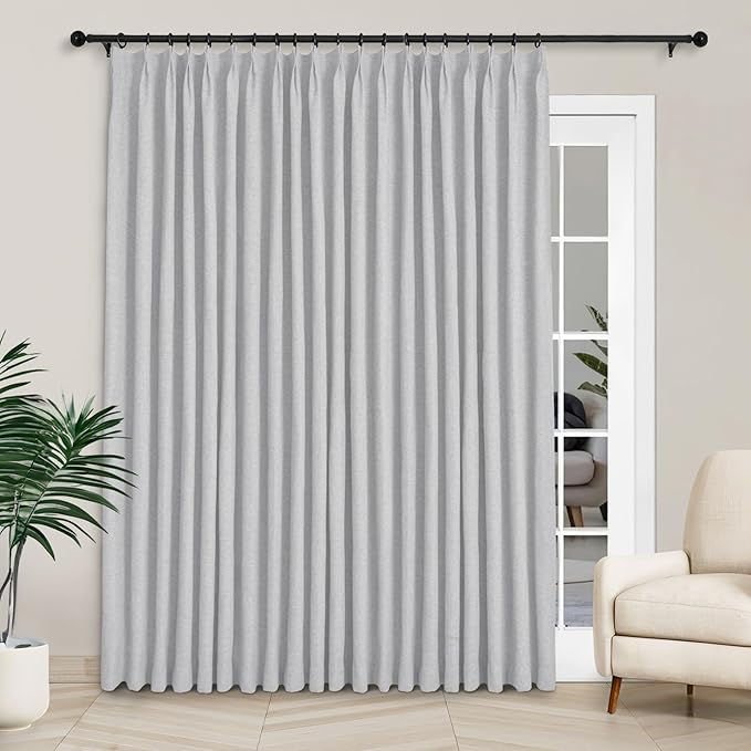 Macochico 100”Wx96”L Pinch Pleated 100% Blackout Linen Curtains Thermal Sliding Curtains for Bedroom Living Room Sliding Glass Door Farmhouse Shabby Chic Silver Grey Drapery with Tieback 1 Panel