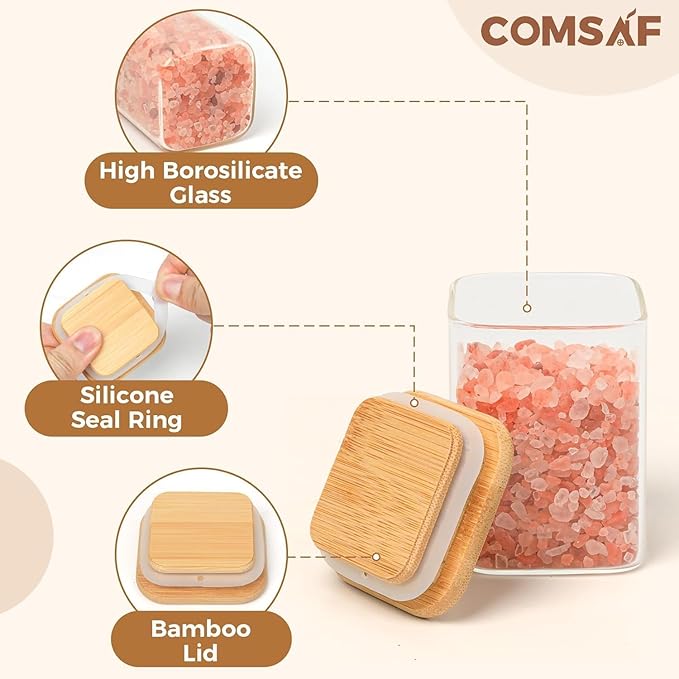 ComSaf Spice Jars with Labels 6 oz 12Pack, Small Spice Containers Starter Set, Glass Seasoning Jars with Lids, Square Seasoning Containers for Salt, Pepper, Chili Powder, Sugar, Ginger Ground, Cumin
