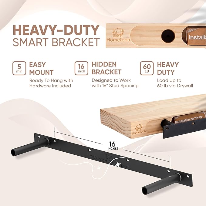 Homeforia 30 inch Wood Floating Shelves, High End Solid Natural Wood 30inch Floating Shelf for Wall, Unfinished Wooden 30 inches Floating Shelves, Heavy Duty Bracket, 30 X 6.5 X 1.75 in, Set of 2