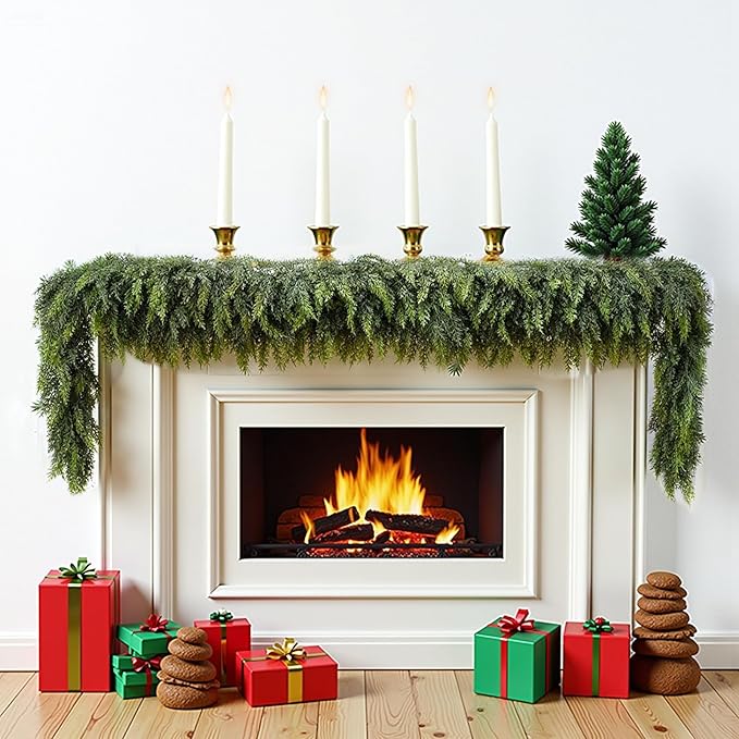6 ft Christmas Garland, Cedar Garland, Real Touch Cypress Garlands, Green Artificial Greenery Garland for Mantel Indoor Outdoor Christmas Decorations