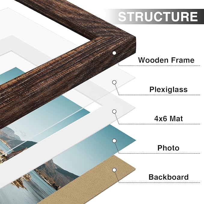Vittanly 5x7 Picture Frames Set of 9, Shatter Resistant Plexiglass, Display 4x6 Pictures with Mat or 5x7 without Mat, Photo Frames for Wall or Tabletop, Engineered Wood, Brown